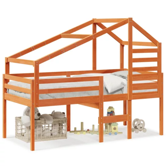 viaszbarna tömör fenyőfa magasított ágy tetővel 90 x 190 cm