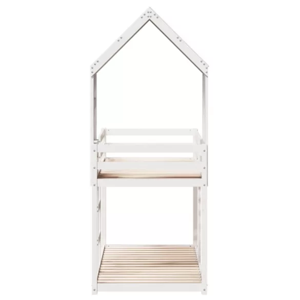 fehér tömör fenyőfa ágy emelettel és tetővel 80 x 200 cm