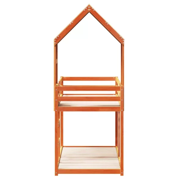 viaszbarna tömör fenyőfa ágy emelettel és tetővel 90 x 200 cm