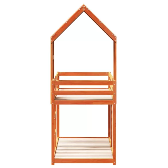 viaszbarna tömör fenyőfa ágy emelettel és tetővel 90 x 190 cm