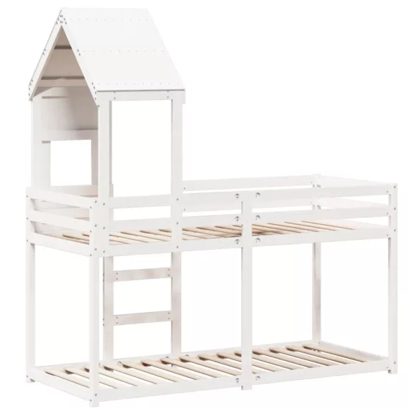 fehér tömör fenyőfa ágy emelettel és tetővel 75 x 190 cm