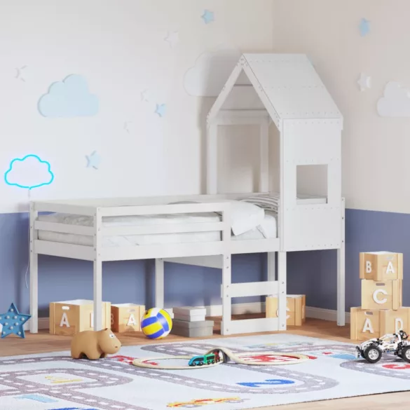 fehér tömör fenyőfa magasított ágy tetővel 90 x 190 cm