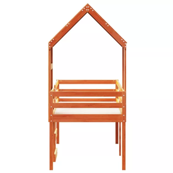 viaszbarna tömör fenyőfa magasított ágy tetővel 75 x 190 cm