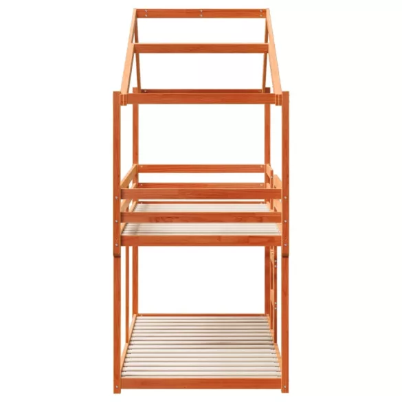 viaszbarna tömör fenyőfa ágy emelettel és tetővel 90 x 200 cm