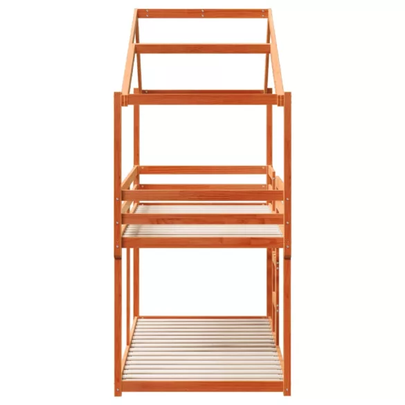 viaszbarna tömör fenyőfa ágy emelettel és tetővel 75 x 190 cm