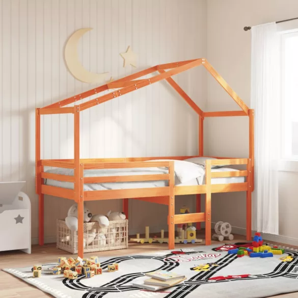 viaszbarna tömör fenyőfa magasított ágy tetővel 90 x 200 cm