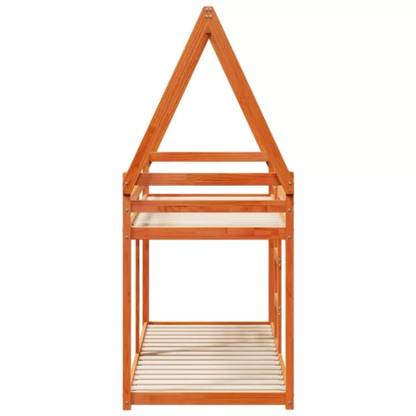 viaszbarna tömör fenyőfa ágy emelettel és tetővel 90 x 200 cm