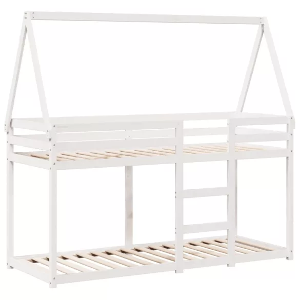 fehér tömör fenyőfa ágy emelettel és tetővel 90 x 200 cm