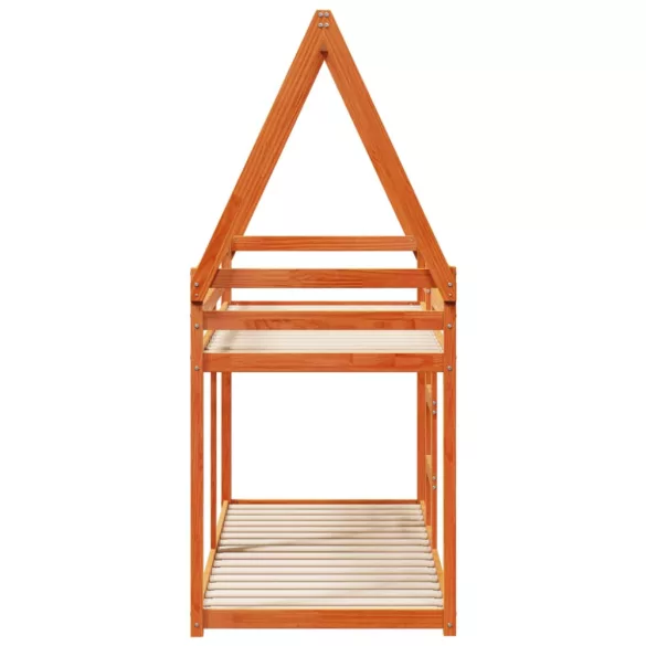 viaszbarna tömör fenyőfa ágy emelettel és tetővel 80 x 200 cm