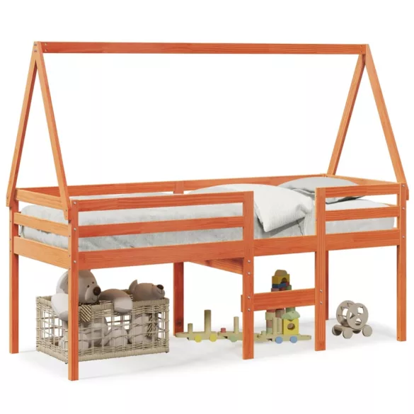 viaszbarna tömör fenyőfa magasított ágy tetővel 90 x 190 cm