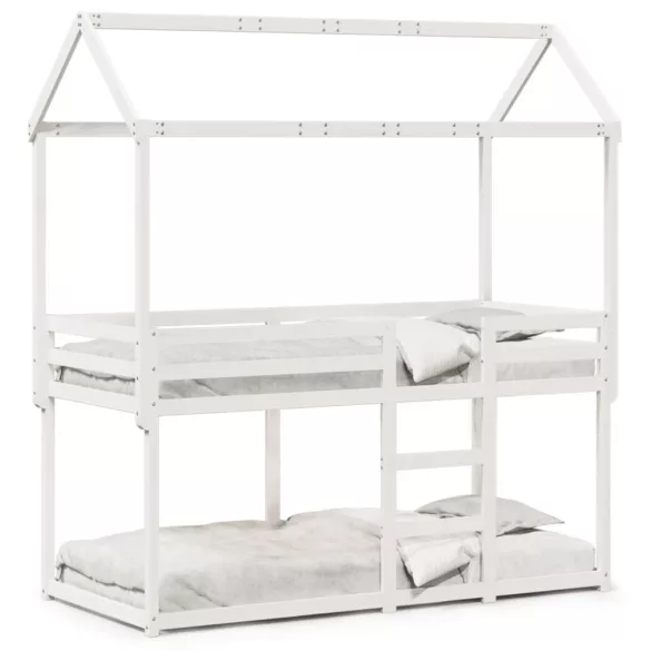 fehér tömör fenyőfa ágy emelettel és tetővel 90 x 200 cm