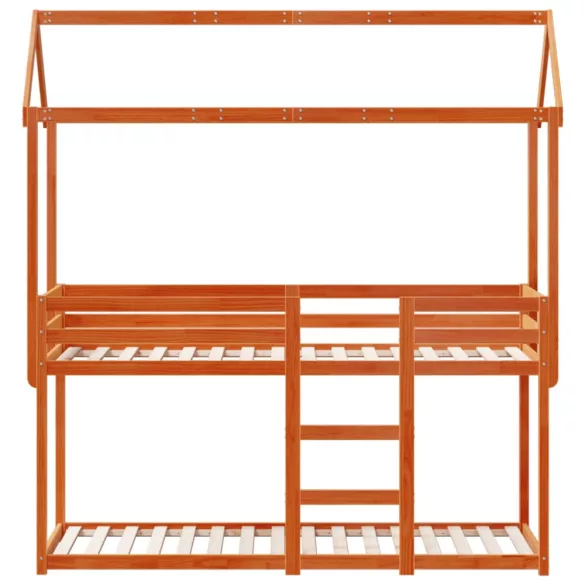 viaszbarna tömör fenyőfa ágy emelettel és tetővel 90 x 200 cm