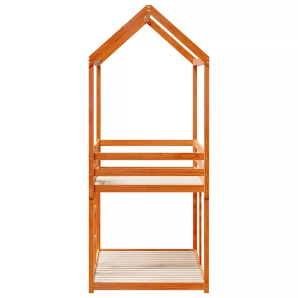 viaszbarna tömör fenyőfa ágy emelettel és tetővel 90 x 200 cm