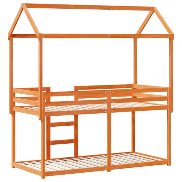 viaszbarna tömör fenyőfa ágy emelettel és tetővel 90 x 200 cm