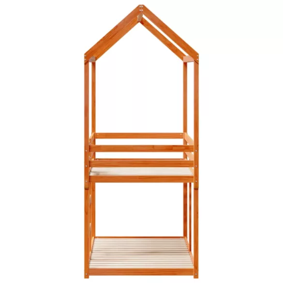 viaszbarna tömör fenyőfa ágy emelettel és tetővel 90 x 190 cm