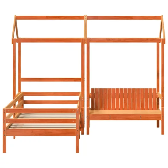 viaszbarna tömör fenyőfa ágy és pad szett tetővel 100 x 200 cm