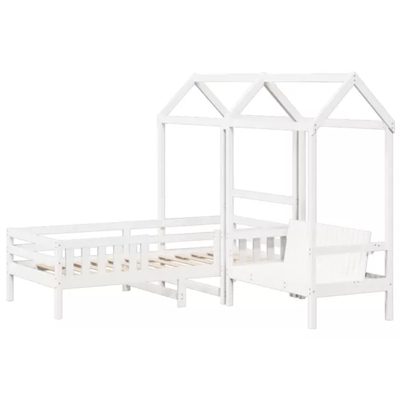 fehér tömör fenyőfa ágy és pad szett tetővel 75 x 190 cm