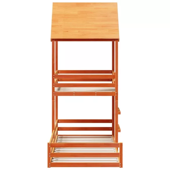 viaszbarna tömör fenyőfa ágy emelettel és tetővel 80 x 200 cm