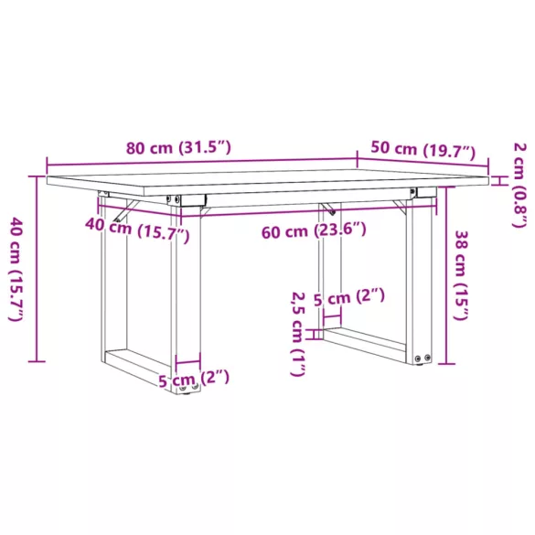 tömör fenyőfa és acél dohányzóasztal O-vázzal 80x50x40 cm