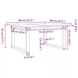 tömör fenyőfa és acél dohányzóasztal O-vázzal 80x80x45 cm