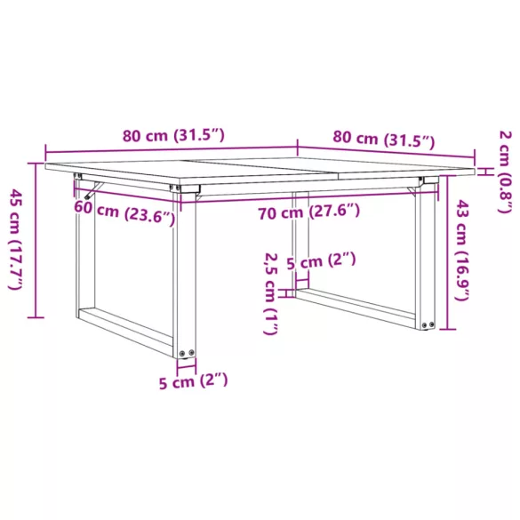 tömör fenyőfa és acél dohányzóasztal O-vázzal 80x80x45 cm