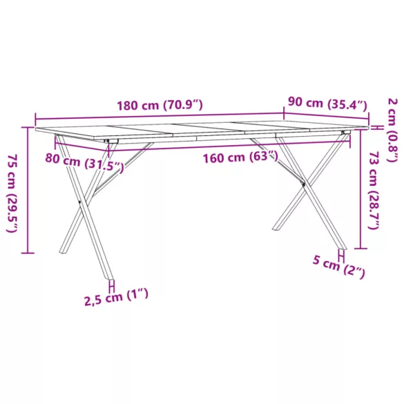 tömör fenyőfa és acél étkezőasztal X-vázzal 180x90x75 cm