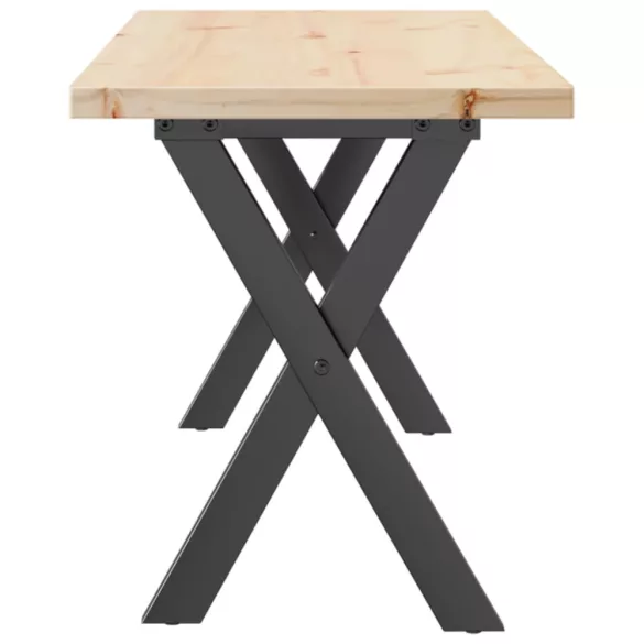 tömör fenyőfa és acél X-vázú dohányzóasztal 110x40x45,5 cm