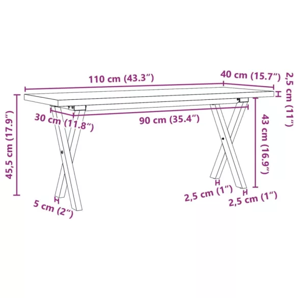 tömör fenyőfa és acél X-vázú dohányzóasztal 110x40x45,5 cm