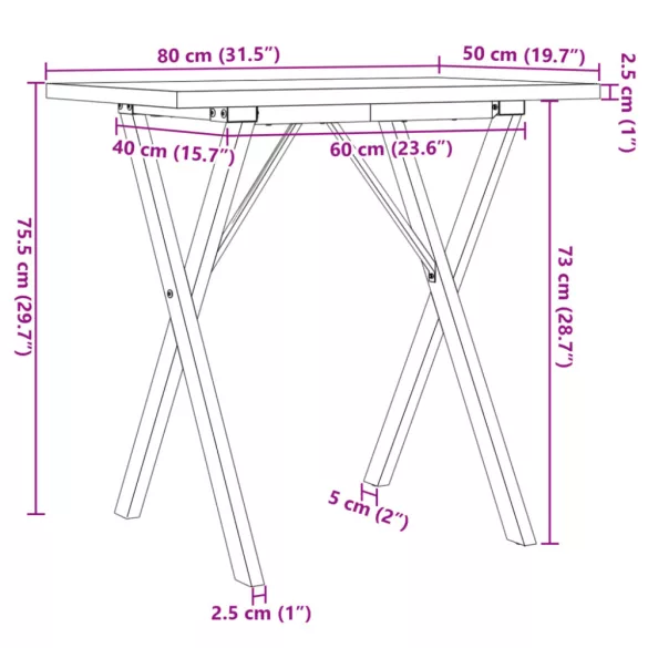 tömör fenyőfa és acél étkezőasztal X-vázzal 80x50x75,5 cm