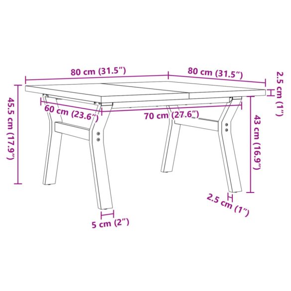 tömör fenyőfa és acél Y-vázú dohányzóasztal 80x80x45,5 cm