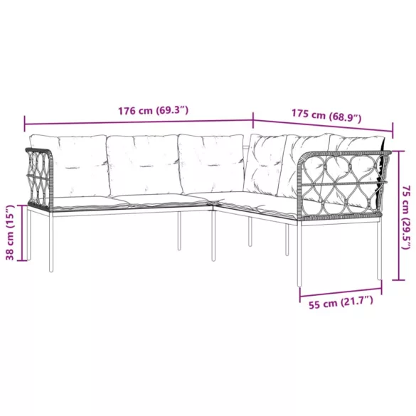 fekete acél és textilén kerti kanapé garnitúra párnákkal