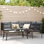 fekete acél és textilén kerti kanapé garnitúra párnákkal