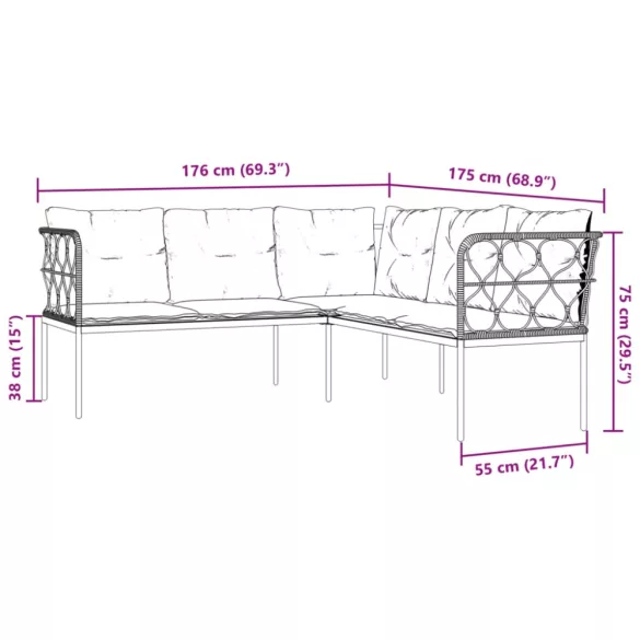 fekete acél és textilén kerti kanapé garnitúra párnákkal