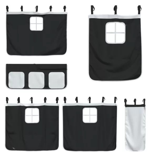 fehér/fekete tömör fenyőfa emeletes ágy függönyökkel 90x200 cm