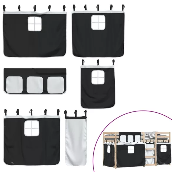 fehér/fekete tömör fenyőfa emeletes ágy függönyökkel 90x200 cm