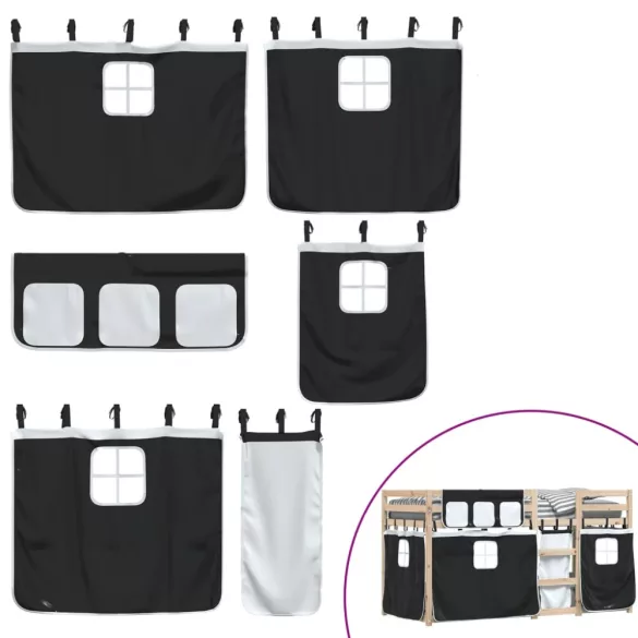 fehér/fekete tömör fenyőfa emeletes ágy függönyökkel 90x190 cm