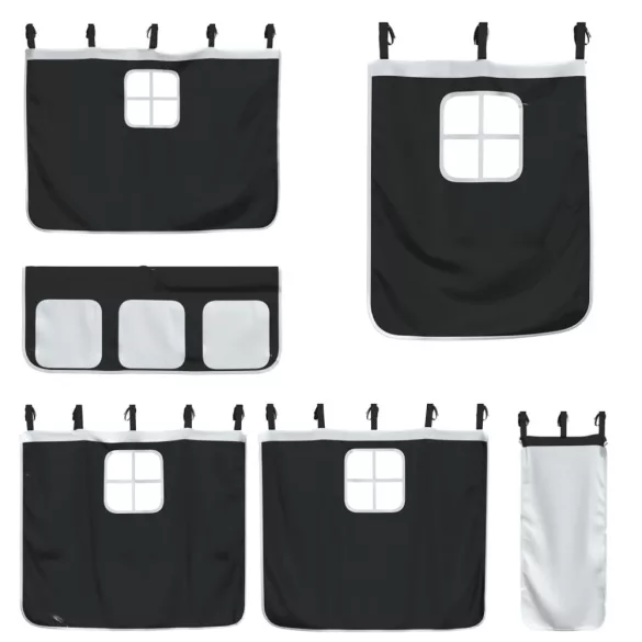 fehér/fekete tömör fenyőfa emeletes ágy függönyökkel 75x190 cm