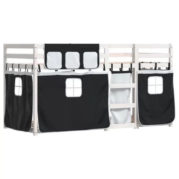 fehér/fekete tömör fenyőfa emeletes ágy függönyökkel 75x190 cm