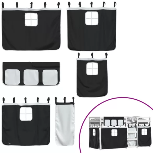 fehér/fekete tömör fenyőfa emeletes ágy függönyökkel 75x190 cm