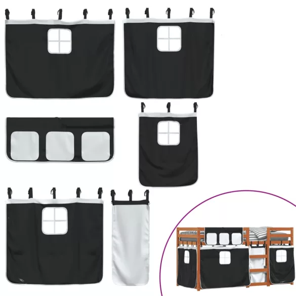 fehér/fekete tömör fenyőfa emeletes ágy függönyökkel 80x200 cm