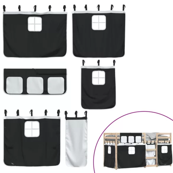 fehér/fekete tömör fenyőfa emeletes ágy függönyökkel 90x200 cm