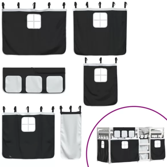 fehér/fekete tömör fenyőfa emeletes ágy függönyökkel 90x200 cm