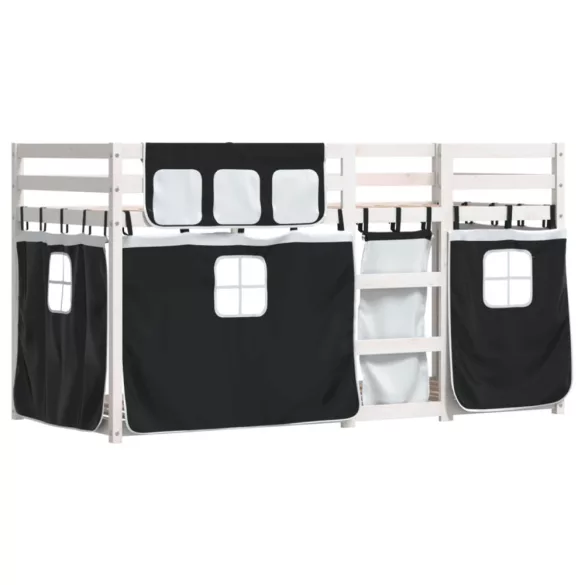 fehér/fekete tömör fenyőfa emeletes ágy függönyökkel 90x190 cm