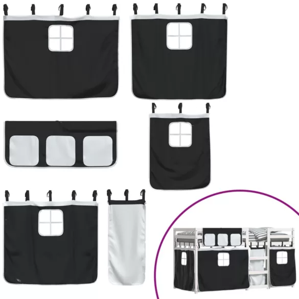 fehér/fekete tömör fenyőfa emeletes ágy függönyökkel 90x190 cm