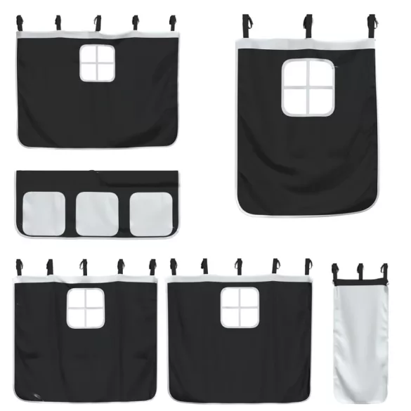 fehér/fekete tömör fenyőfa emeletes ágy függönyökkel 90x200 cm