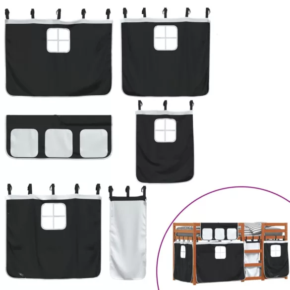 fehér/fekete tömör fenyőfa emeletes ágy függönyökkel 90x200 cm