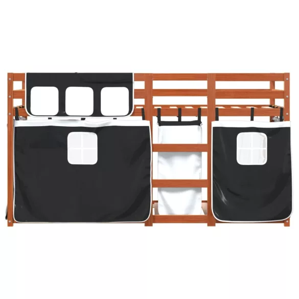 fehér/fekete tömör fenyőfa emeletes ágy függönyökkel 90x190 cm