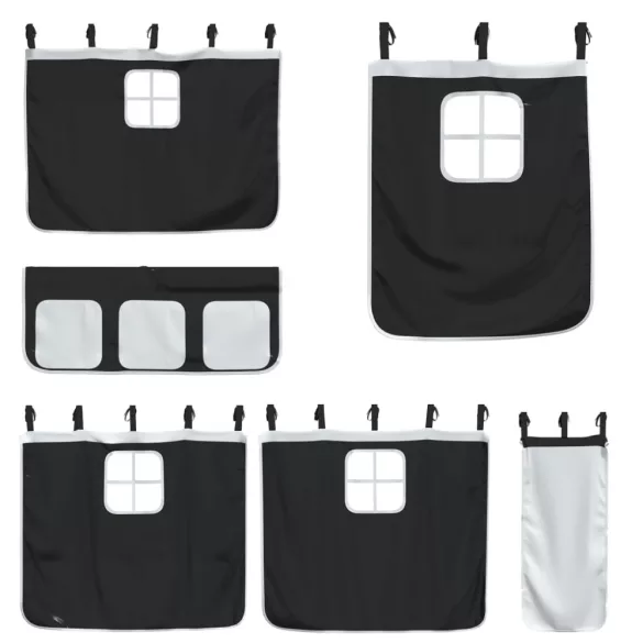 fehér/fekete tömör fenyőfa emeletes ágy függönyökkel 90x190 cm