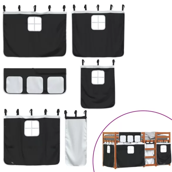 fehér/fekete tömör fenyőfa emeletes ágy függönyökkel 90x190 cm