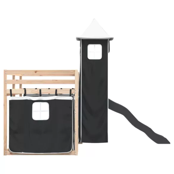 fehér-fekete emeletes ágy csúszdával és függönnyel 80 x 200 cm